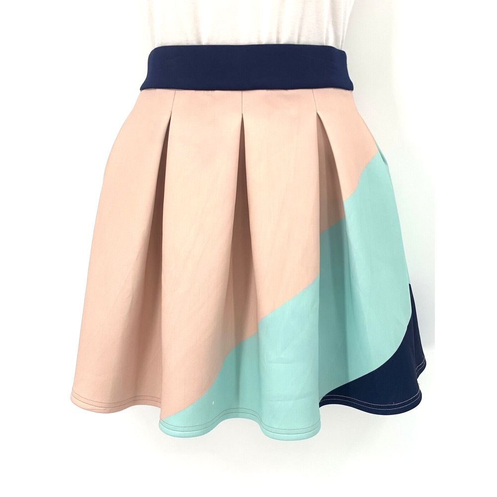 VIE + RICHIE Vintage Salmon, Navy & Teal‎ Pleated Women's Mini Skirt Size Small